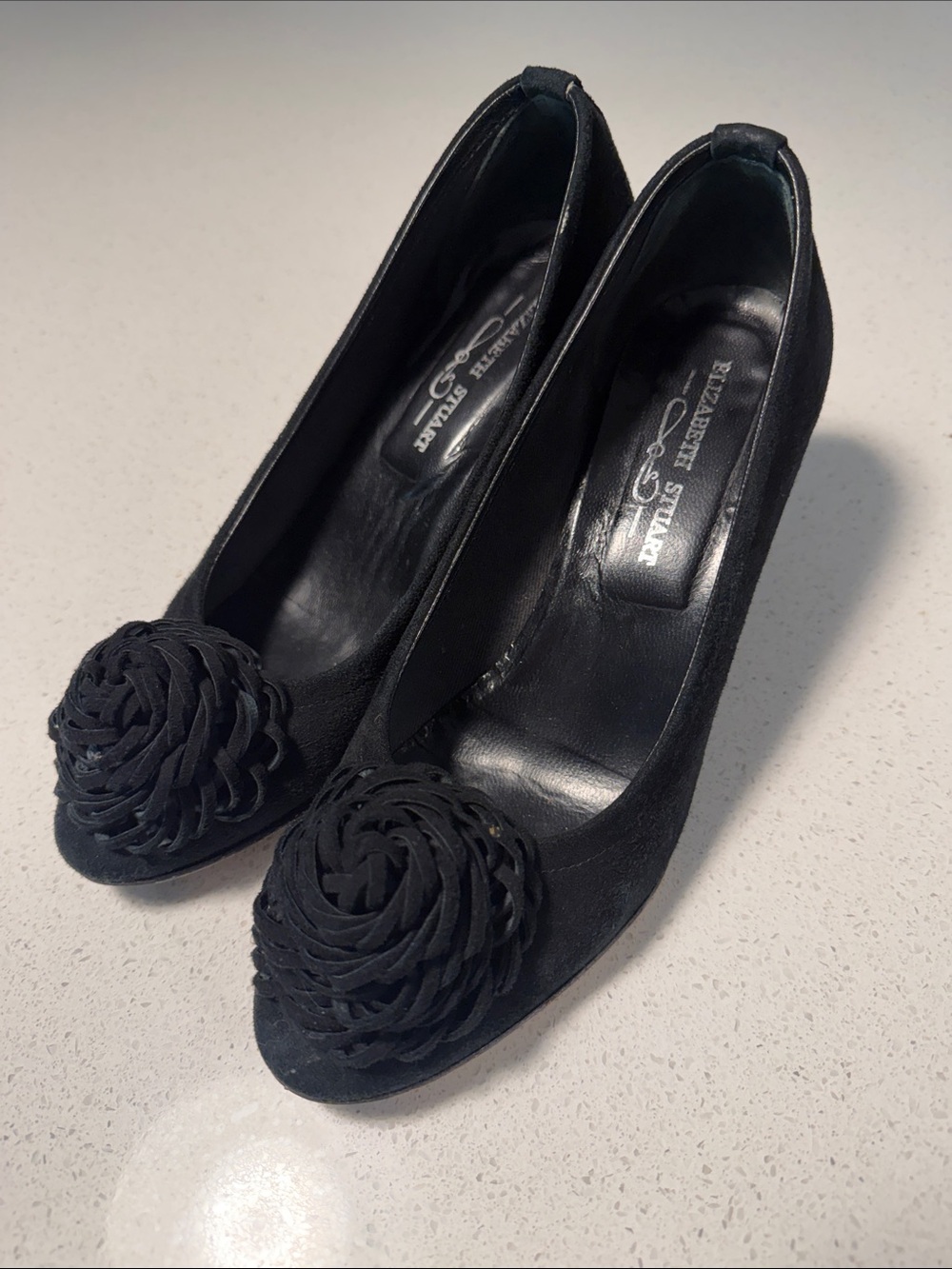 Black Floral-Appliqué Suede Pumps